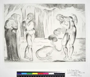 Il cerchio dei ladri: Buoso Donati attaccato dal serpente, Inferno, Canto XXV, illustrazione alla 